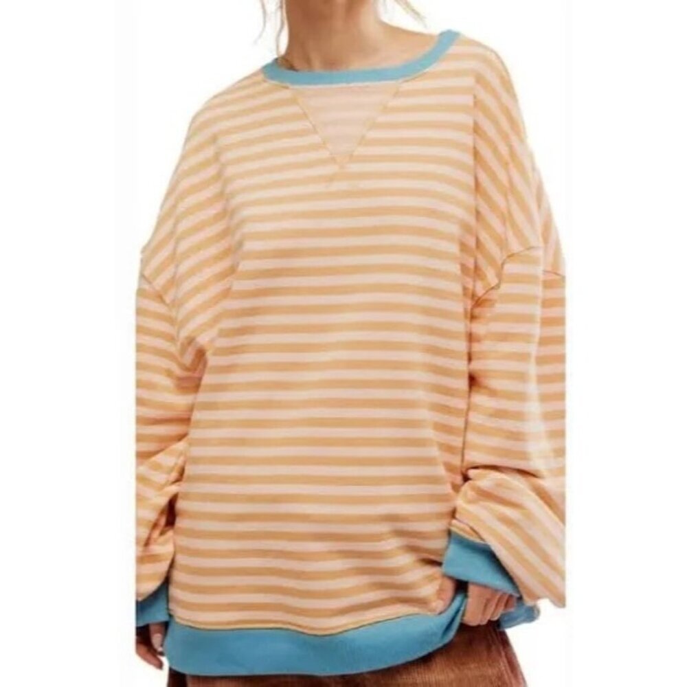 NEW WE THE FREE BY FREE PEOPLE CLASSIC STRIPED LATTE OVERSIZED SWEATSHIRT LARGE